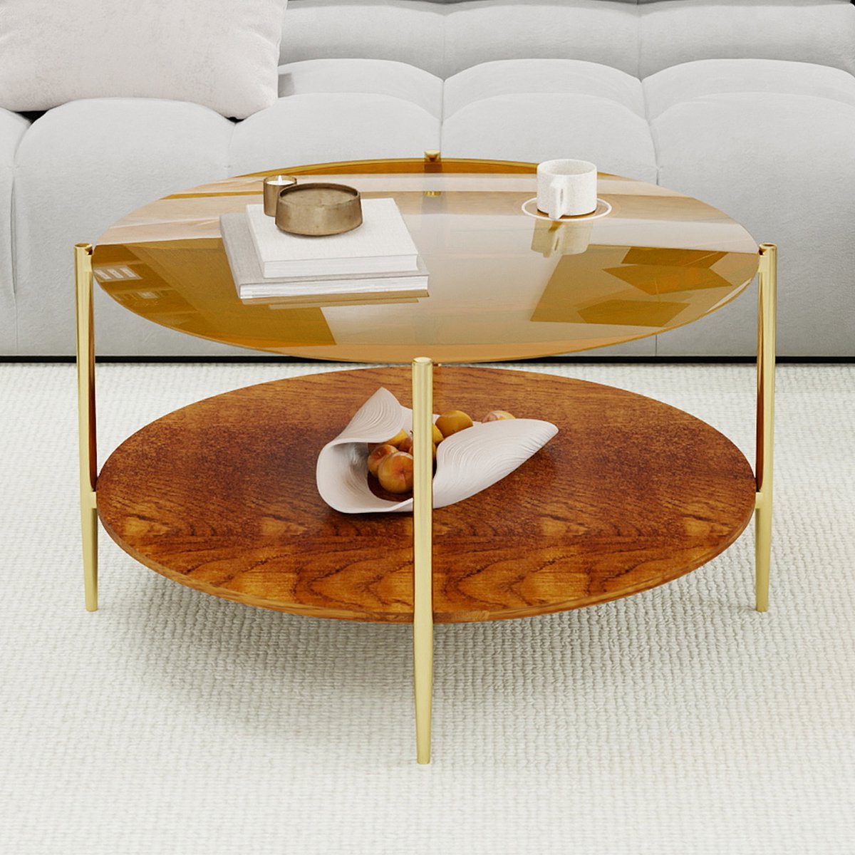 Wishdor Ronde salontafel - Modern minimalistisch - Dubbel niveau - Goud glazen blad - Houten onderblad - Metalen frame - 82 cm
