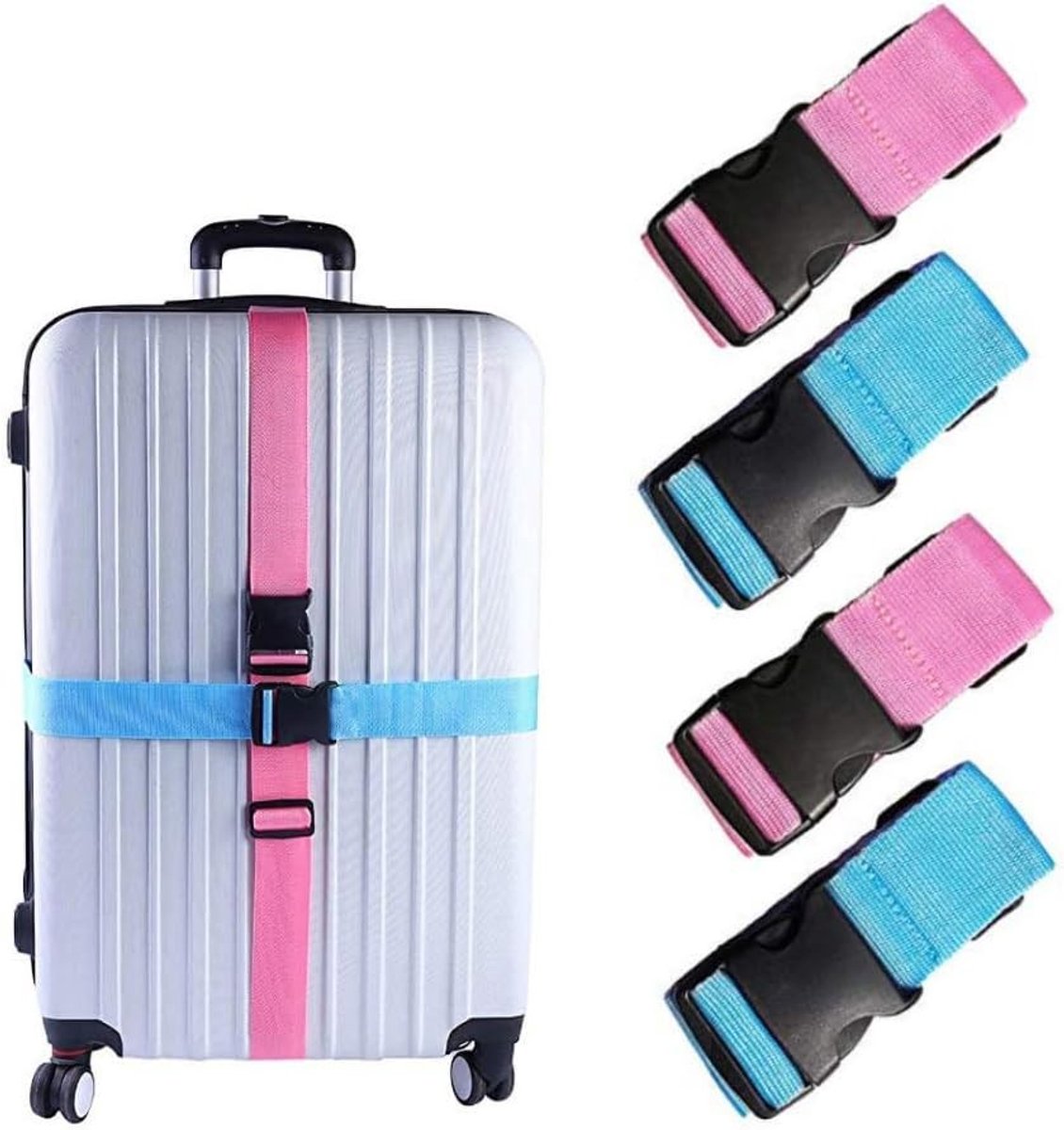 Verstelbare Kofferspanners 4-Pack, Stevige 2m Bagagestraps met Snelsluiting voor Reisaccessoires, Perfect voor Koffers en Reistassen in Roze en Blauw