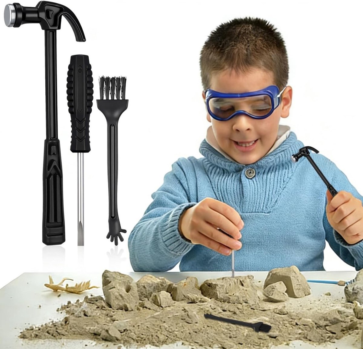 Set van 2 Kinder Graafsets met Dino Fossielen, Archeologie Gereedschap, Hamer en Beitel voor Jonge Ontdekkers, Educatief Speelgoed en Buitenactiviteiten