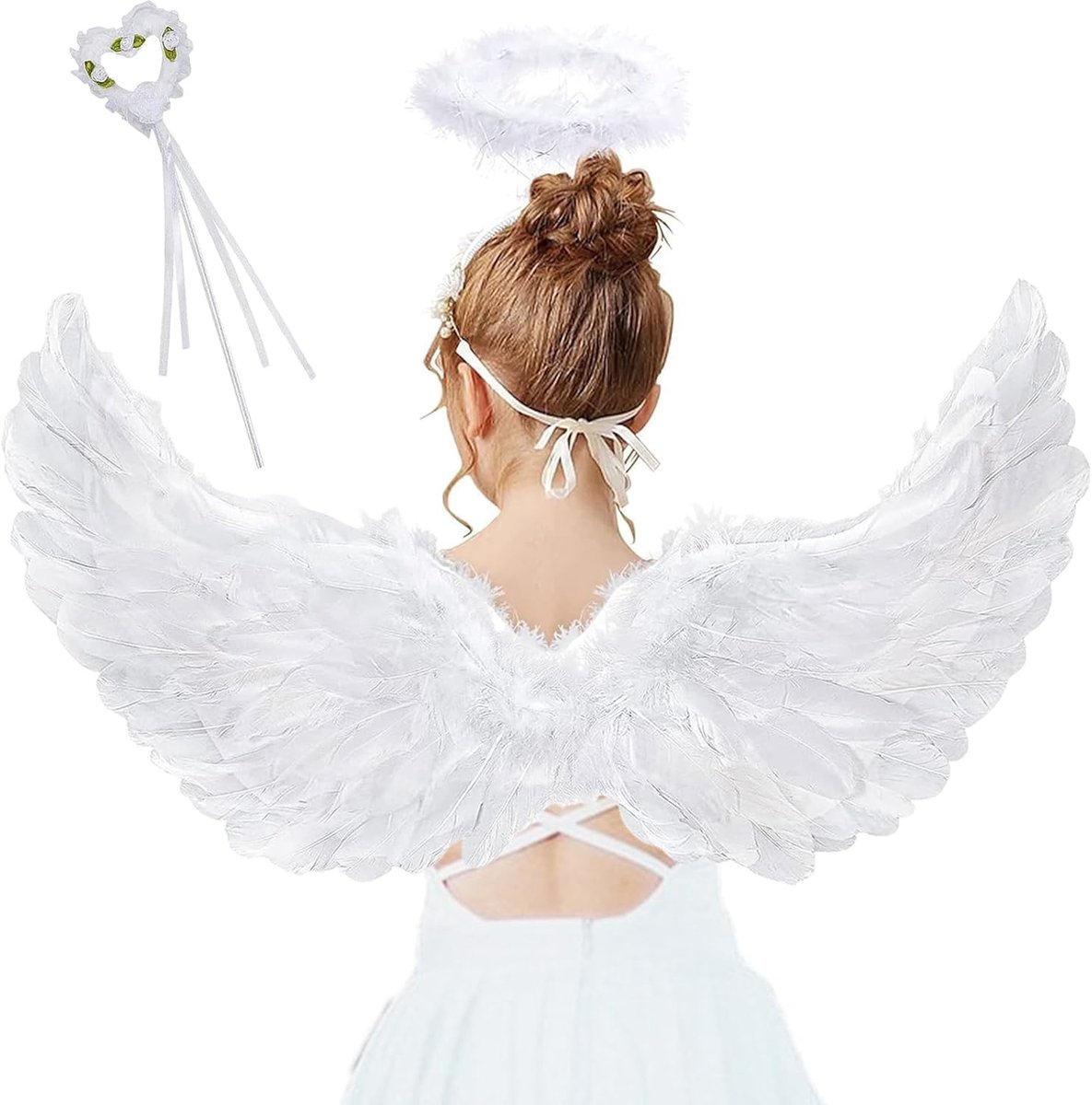 Drie Delige Engel Vleugels Kostuum met Haarband en Toverstaf voor Halloween Feest, 60 cm Decoratieve Kostuums voor Vrouwen en Carnaval