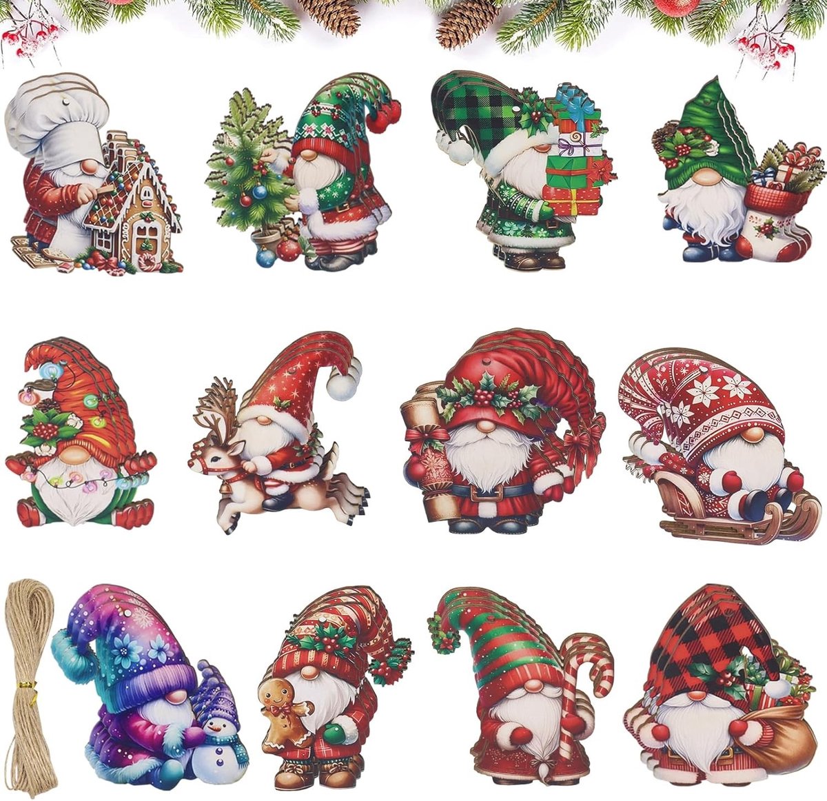 Set van 36 Houten Kersthangertjes met Gnoom Thema, Perfect voor Kerstboomdecoratie en Cadeaus