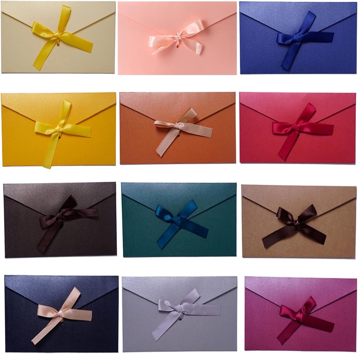 Retro Kraft Papieren Enveloppen Set van 12, 22 x 11 cm, Gekleurde Enveloppen met Linten voor Kerst, Bruiloft en Verjaardagsfeest