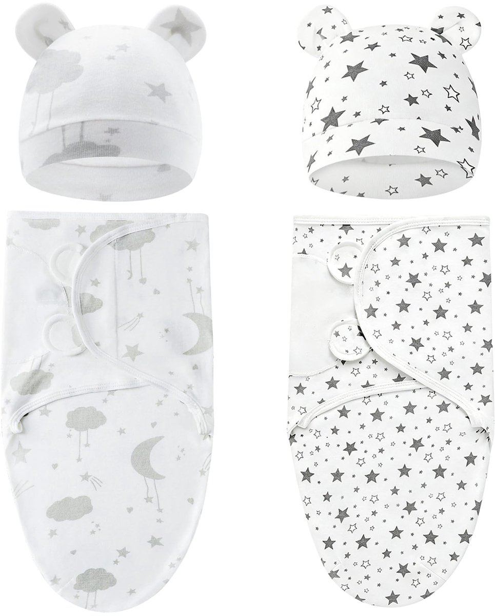 Inbakerdeken voor baby's 0-3 maanden - 2-pack biologisch katoen - verstelbare hoeden - veilig inbakeren - ShopVlot