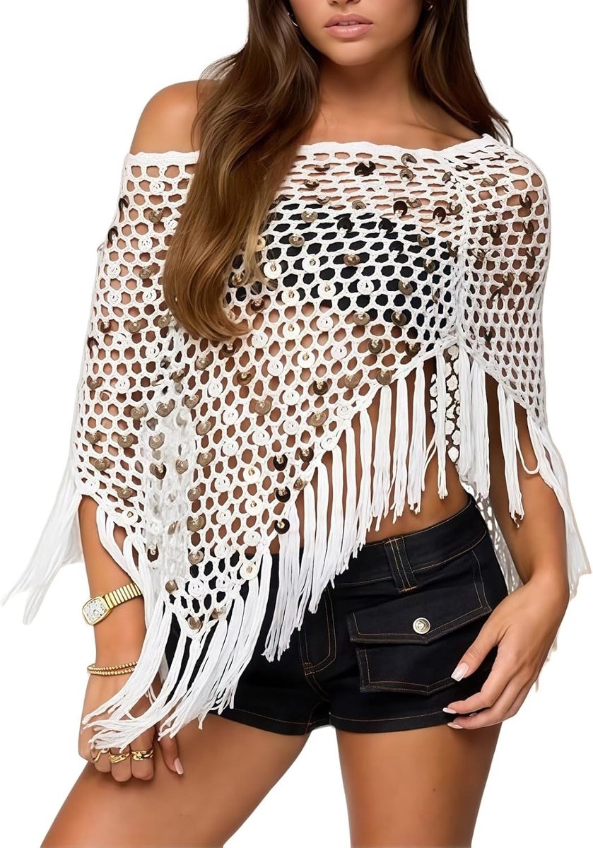 Crochet Poncho voor Dames met Pailletten en Franje - Handgemaakt Openwerk Strandmode met Pompons en Zomerse Sjaal