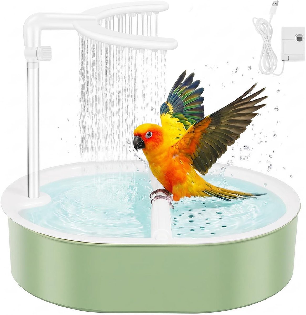 Dubbele Vogel Douche met Verstelbare Waterstroom en USB Voeding voor Parkieten en Huiskippen, Ideaal voor Badderen en Verfrissen
