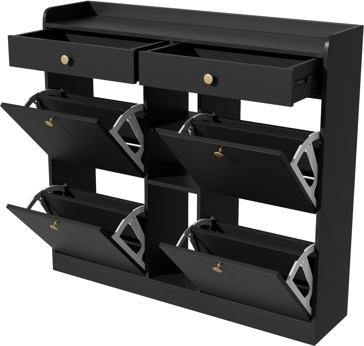 Merax Schoenenkast - 110 x 26 x 100 cm - Zwart - 4 Klepdeuren - 2 Lades - 3 Open Vakken - Smalle Opbergkast voor Hal