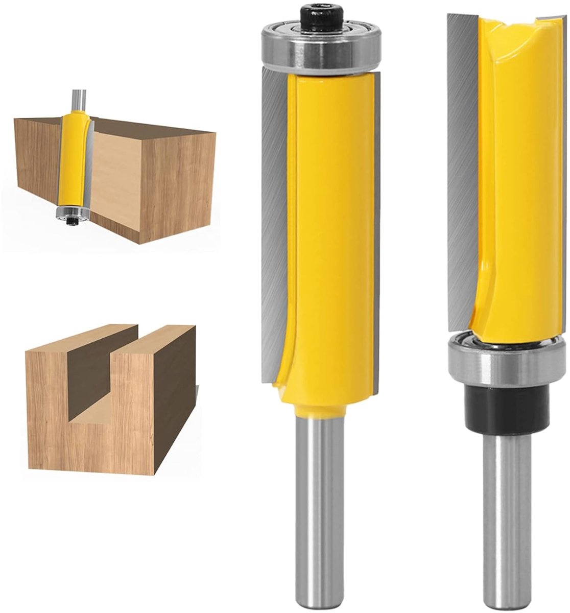 2 stuks 8 mm schacht inloopfrees - groeffrees - houtfrees - professionele frees - bovenfrees - extra lang - voor houtbewerking - boven - bottom bearing - flush trim bit