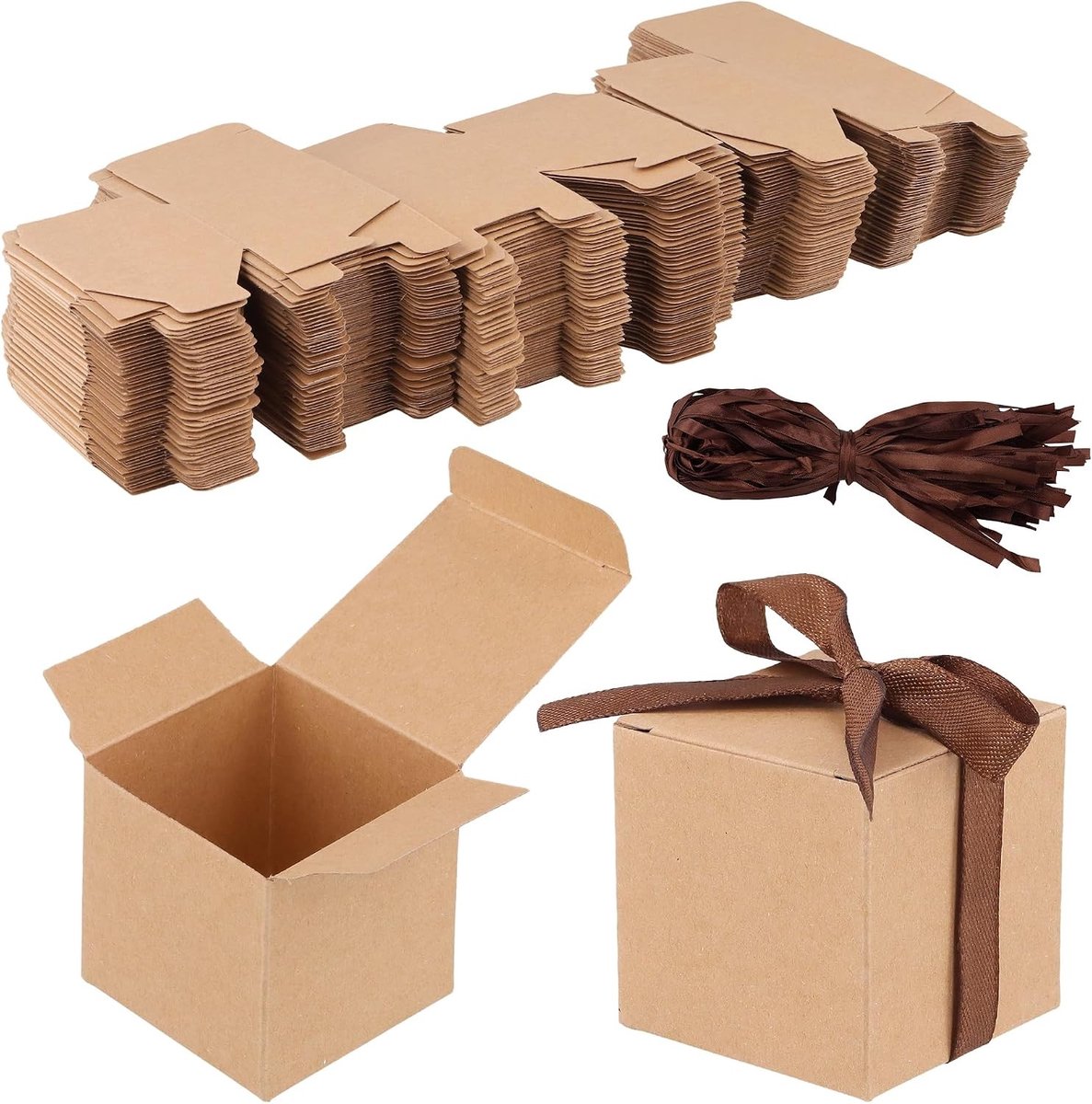 150 Stuks Kraftpapier Geschenkdozen 5 x 5 x 5 cm, Bruine Cadeaudozen met Lint voor Verjaardagen, Bruiloften en Kerstgeschenken