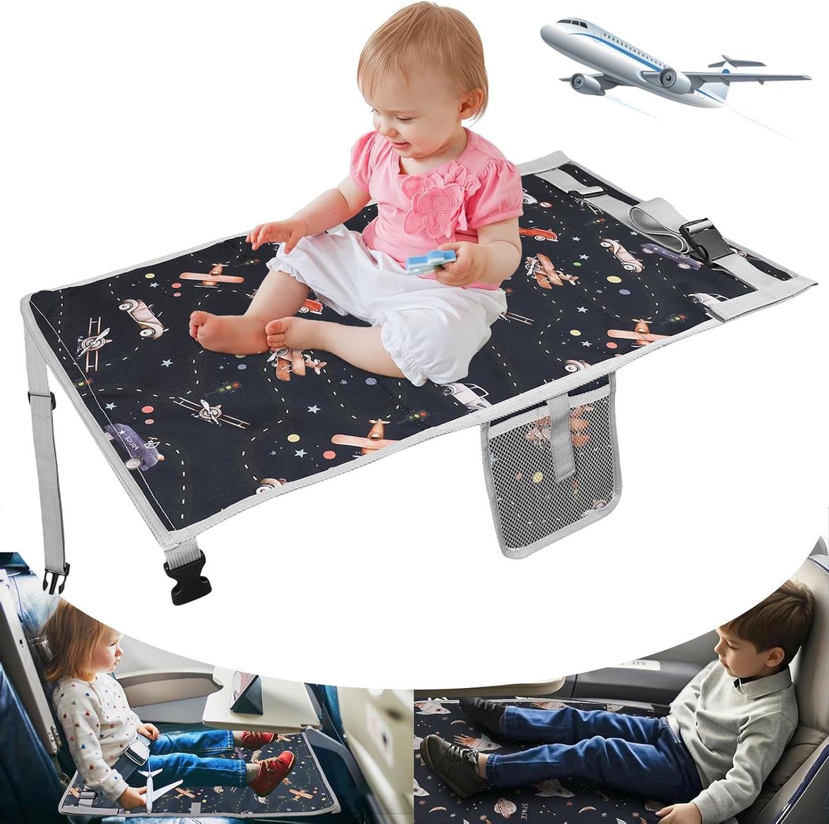 Kinder Voetensteun Vliegtuig - Reis Bedje - Comfortabel Reizen - Opvouwbaar Ontwerp - 76 x 44.5 cm - Auto Patroon