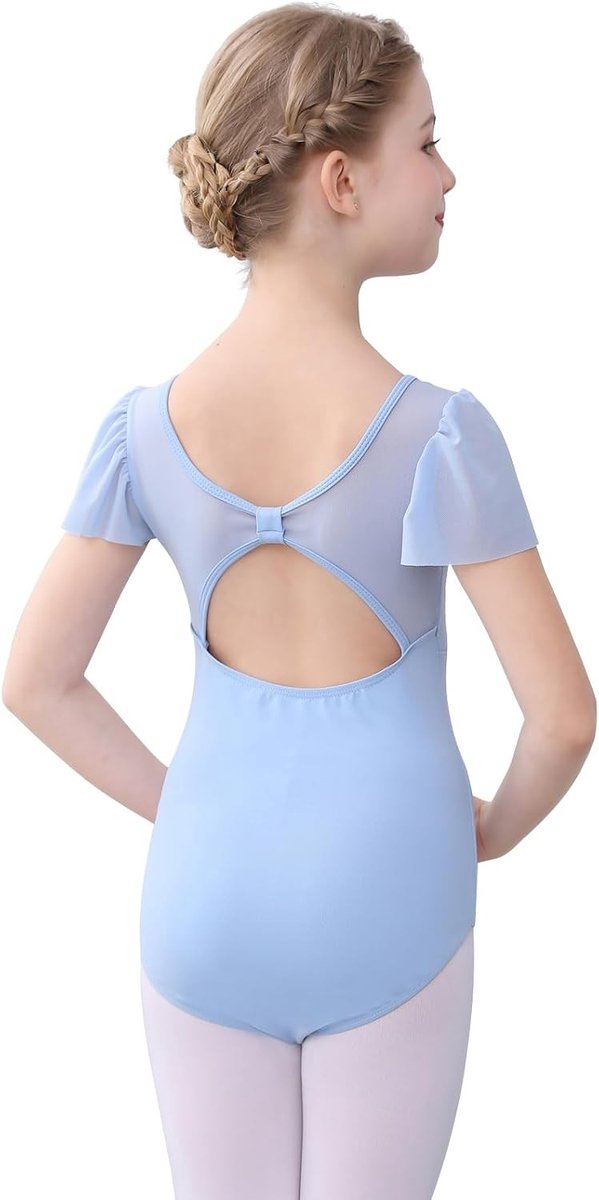 Balletkleding voor Meisjes, Mesh Leotard met Pofmouwen en Dansbodysuit voor Kinderen van 2-10 Jaar in Blauw, Perfect voor Danslessen en Optredens