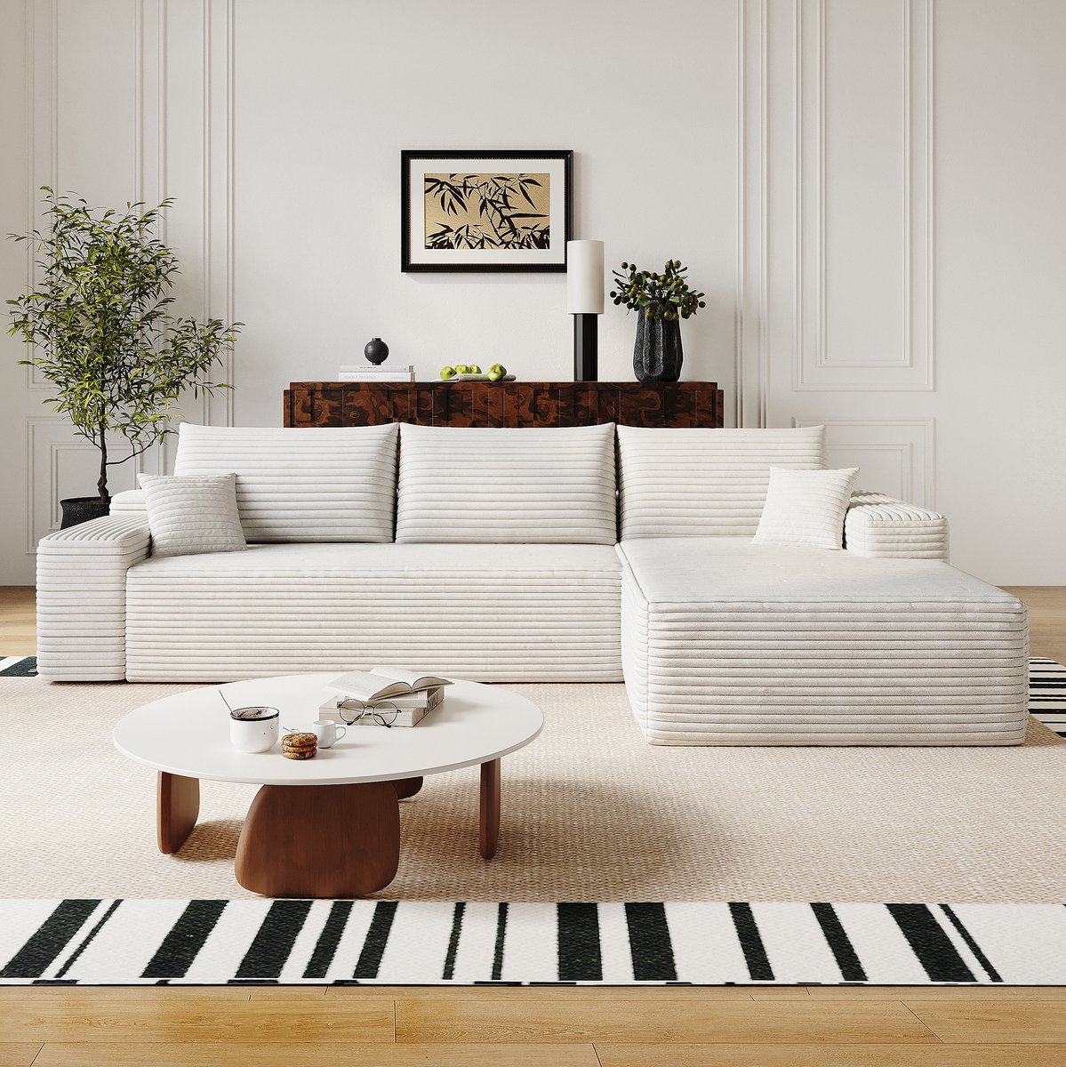 MODENUIT Hoekbank 270 cm - L-vormige Chaise Longue - 3-zits Voor Woonkamer En Appartement - Stof Wit