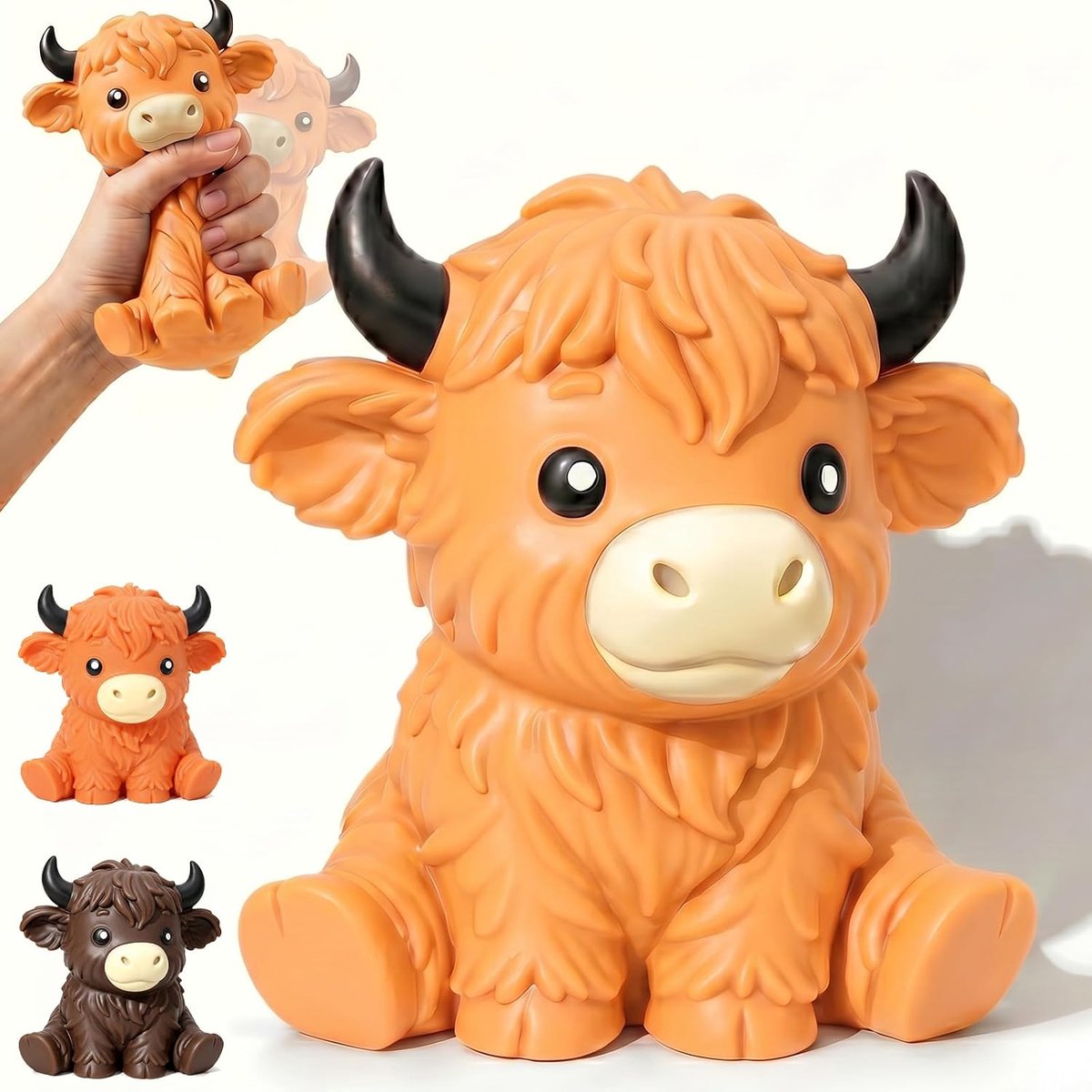 Casalora®squishy – Reuzen Highland Cow —15 cm – stressbal – zacht & langzaam terugverend – fidget speelgoed – angstverlichting – bureaudecoratie – cadeau voor highland cow fans-oranje
