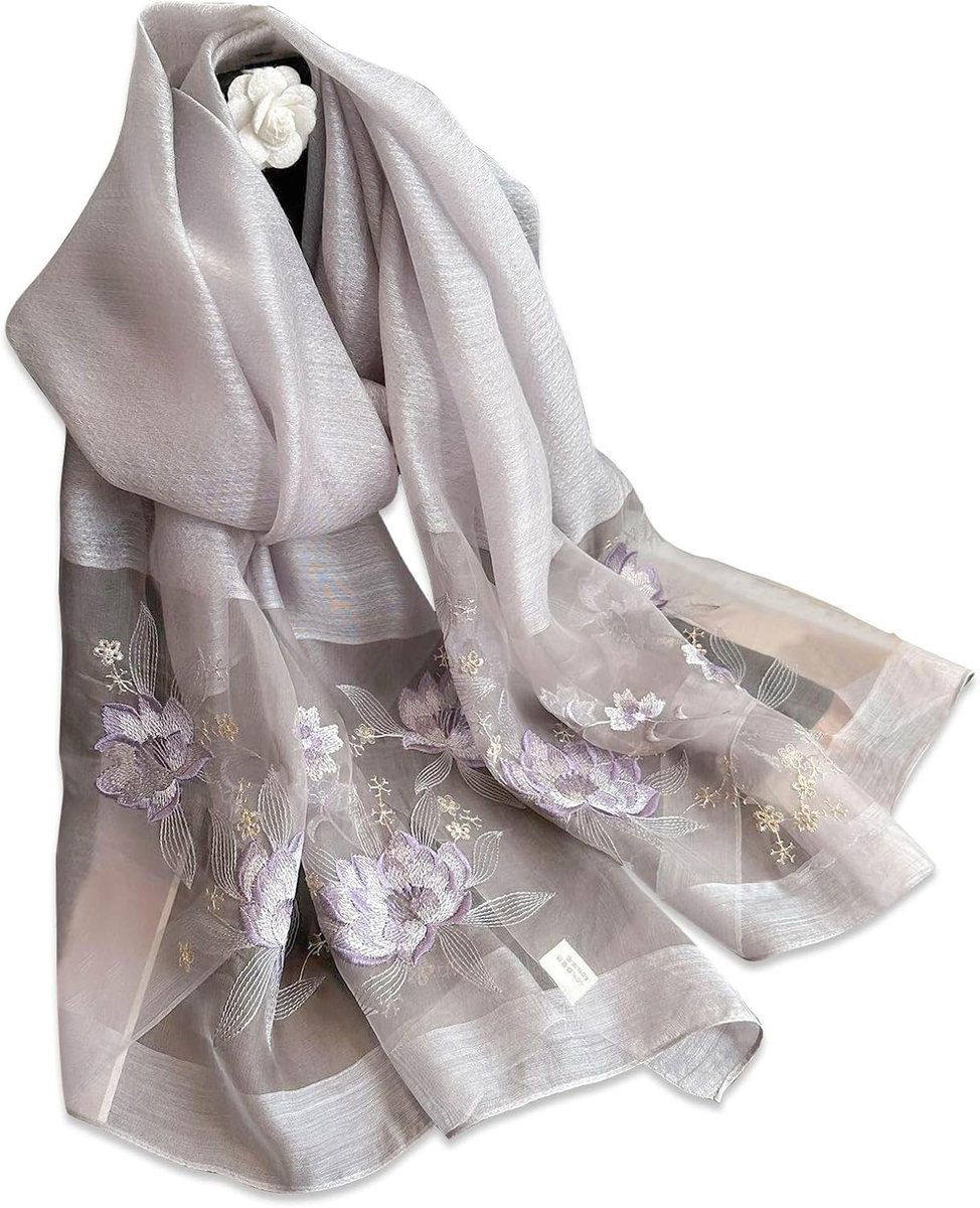 Zijdeachtige Chiffon Sjaal met Delicate Rozenborduursels en Transparante Tulle voor Dames - Lichtgewicht en Zacht Neckerchief voor Zomer en Herfst, One Size, Grijs