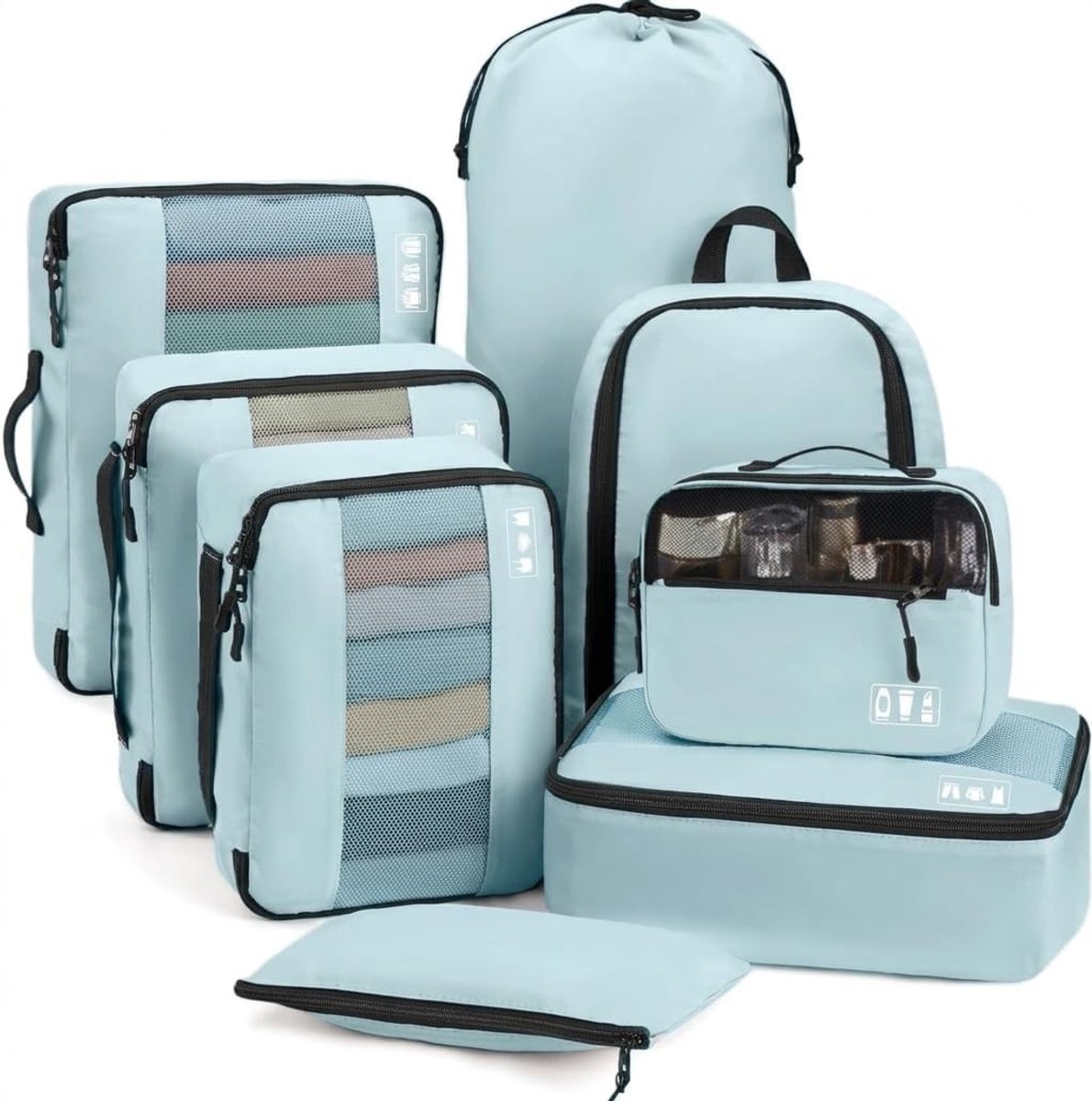 Reisorganizer Set van 8 Stukken voor Koffers, Inclusief Schoenentas en Cosmetica Tas, Ideaal voor Vakantie en Efficiënt Inpakken, Lichtblauw