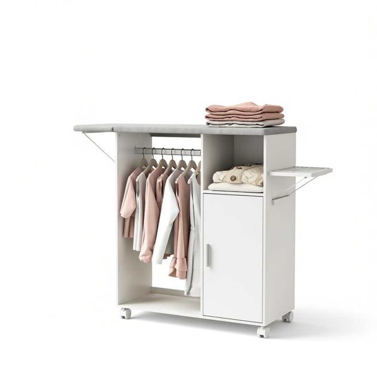 Rollende Strijktafel met Opvouwbaar Strijkbord, Verstelbare Plank, Hangstang, 2-laags Opbergruimte en 4 Zwenkwielen, 127x42,5x99 cm, Wit