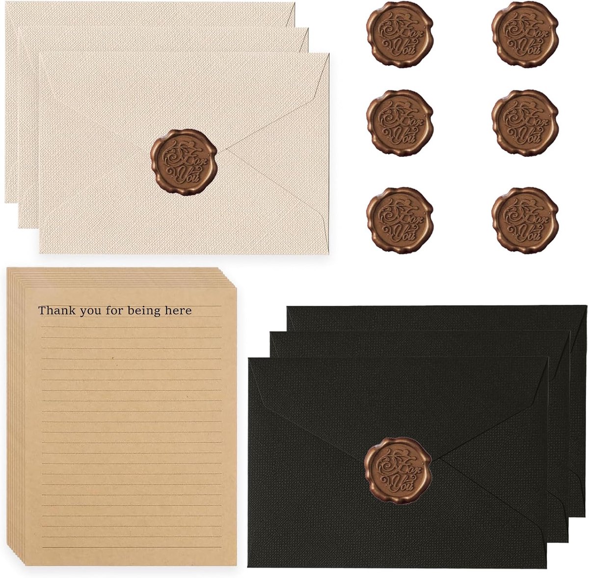 Set van enveloppen en briefpapier met linnenstructuur – Vintage papier – Vintage enveloppen – Kraftpapier – 6-delige set – Wit & Zwart