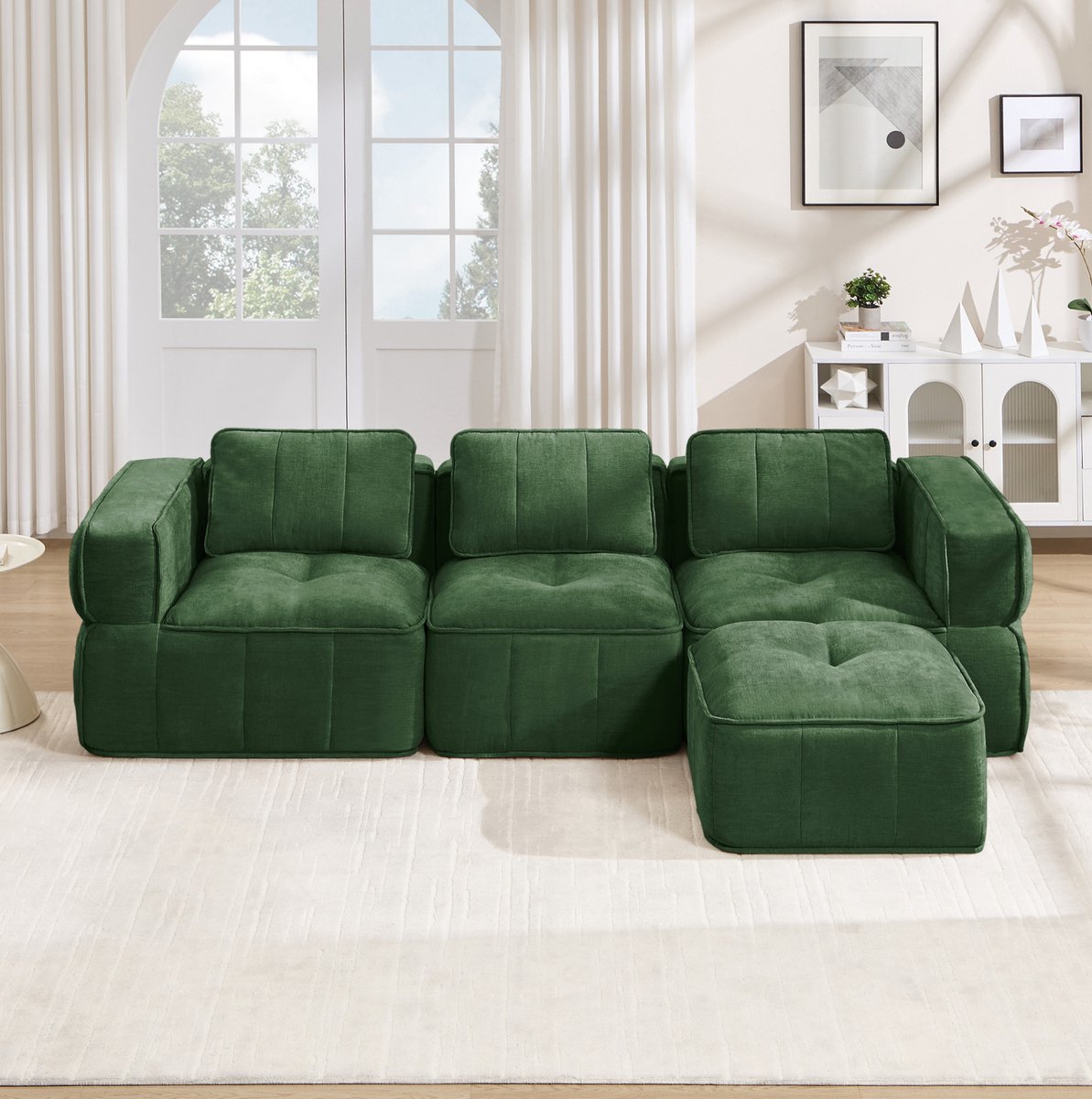 DESMIU Hoekbank 271 X 162 X 67 Cm - 3-Zits Modulair Met 1 Hocker - Diepe Zit En Brede Armleuningen - Voor Woonkamer - Polyester - Groen