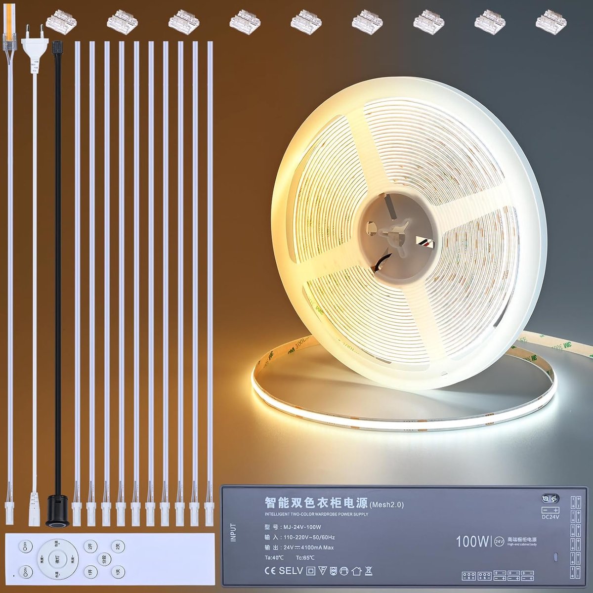BENLUN CCT COB LED Strip Lights 24V 10m CRI 93 with Dimmer and Transformer - ShopVlot