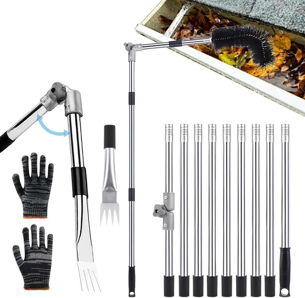 2-in-1 telescopische gootreiniger, 4 m gootreinigingsgereedschap met verstelbare hoekpaal, borstel en bladschop - ShopVlot