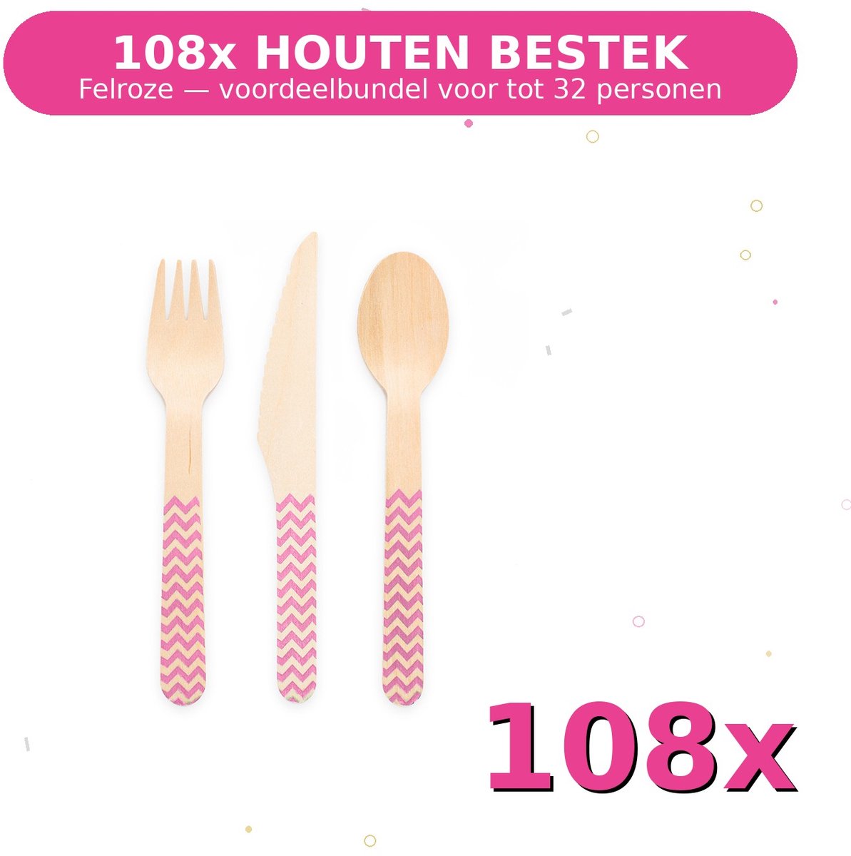 Houten bestek FSC Felroze - Voordeelverpakking 108 Stuks voor tot 32 Personen - Feestartikelen