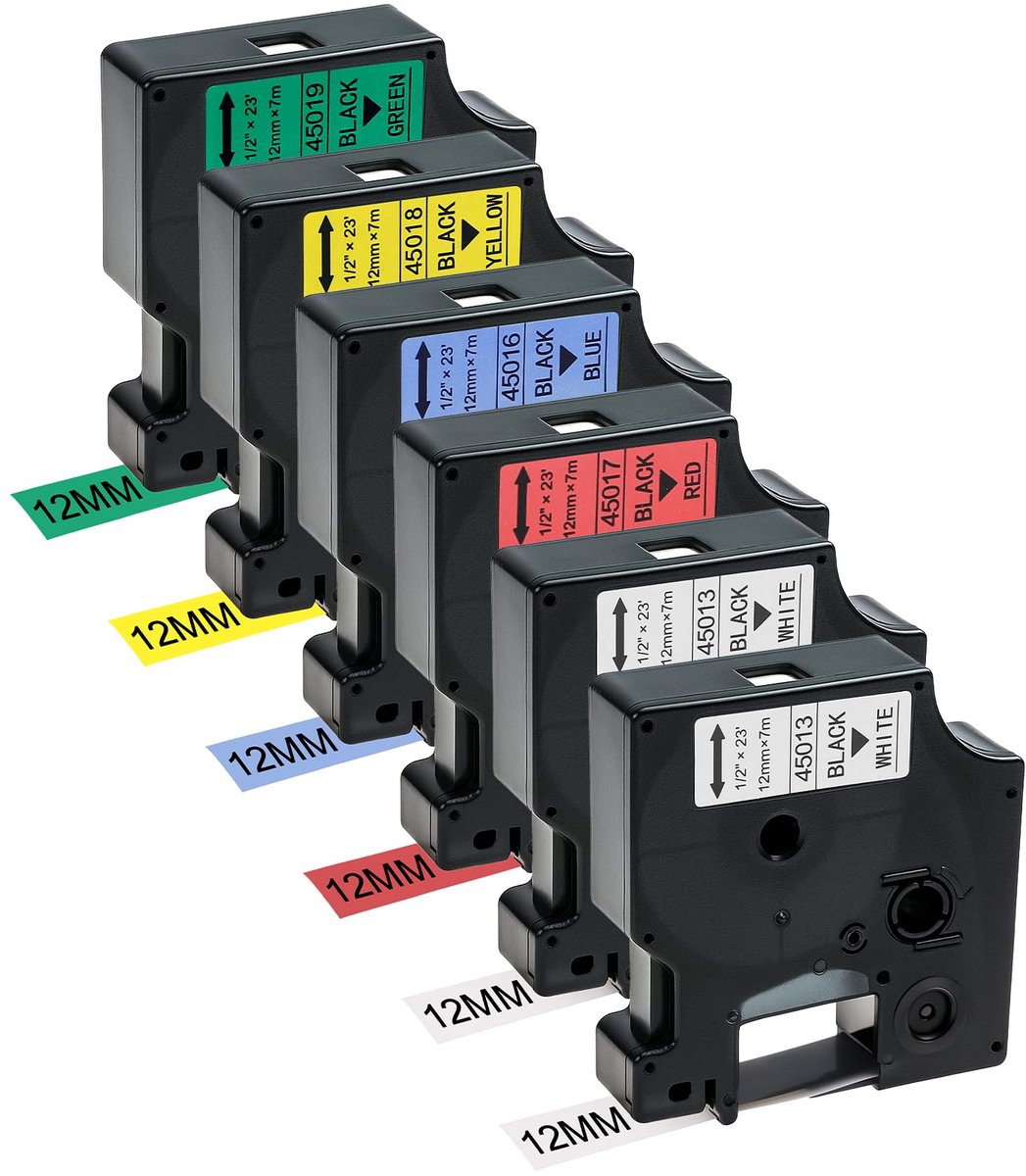Labeltape 12 mm x 7 m - zwart op wit/geel/rood/blauw - zelfklevende tape - ideaal voor Dymo LabelManager - ShopVlot