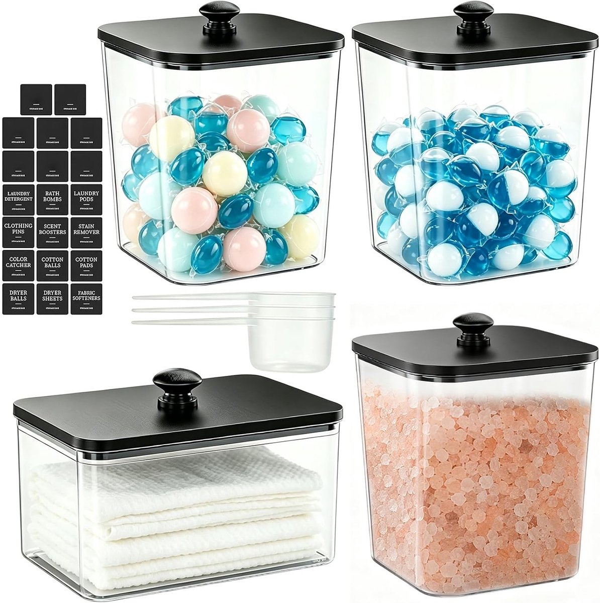 Set van 4 stapelbare transparante opbergdozen met deksel voor wasmiddel, waspods en geurboosters, inclusief maatlepels en etiketten voor optimale organisatie in de waskeuken