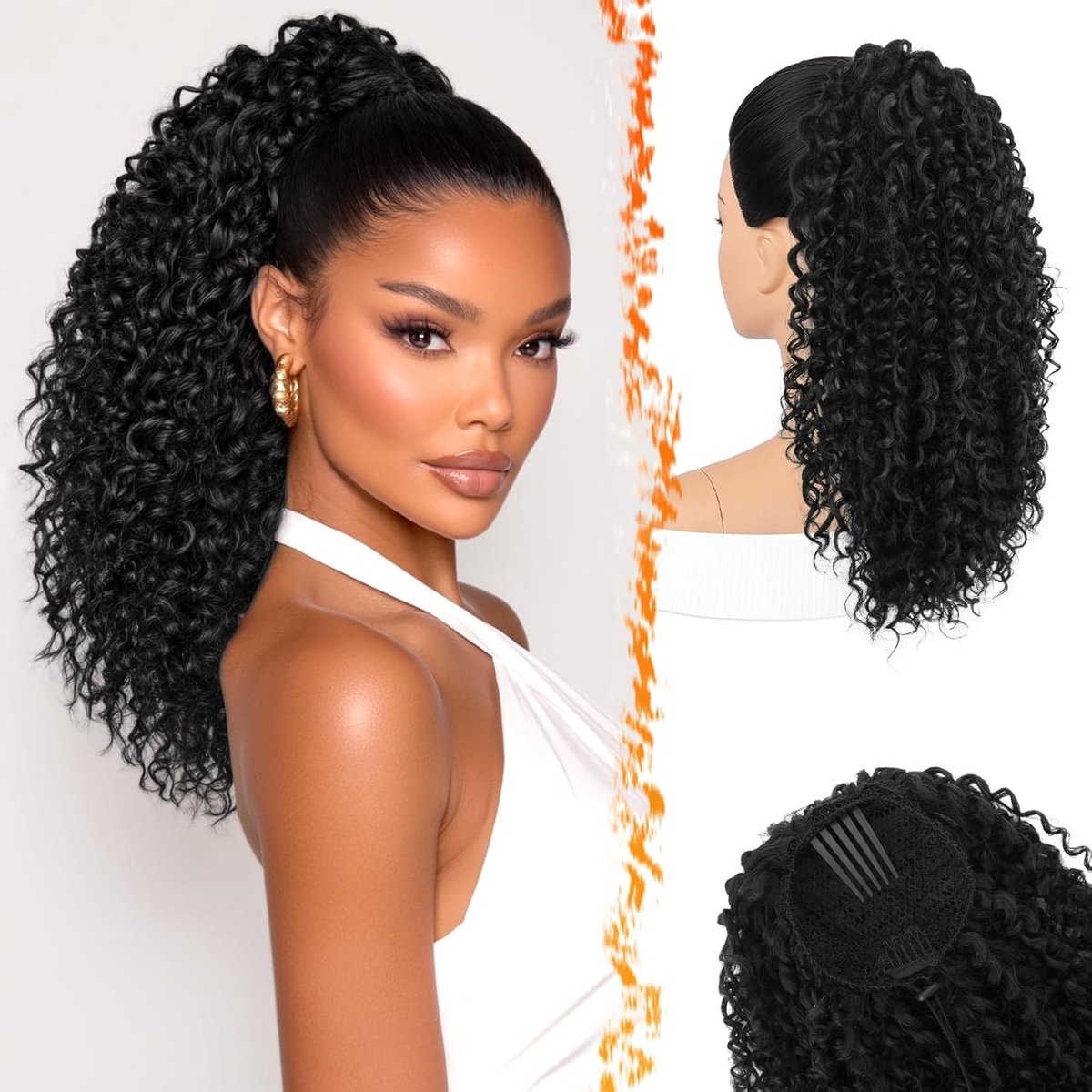 Zwarte Krullende Ponytail Extensions van 45 cm, Lichte Bohemian Wavy Haarstuk voor Feest en Dagelijks Gebruik