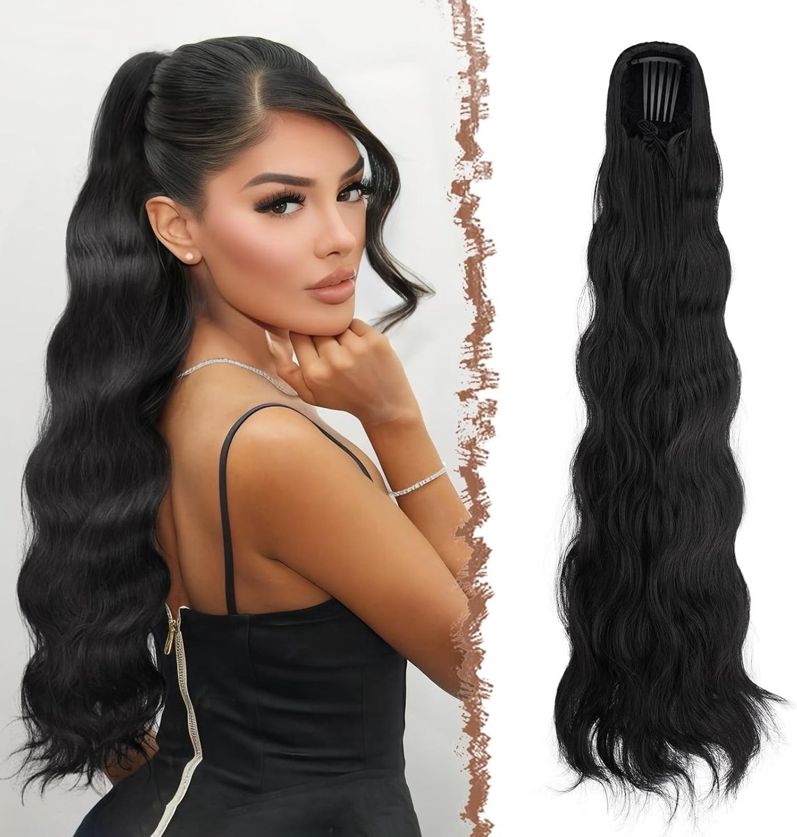 Natuurlijke Zwarte Ponytail Haarstuk van 75 cm, Met Trekkoord en Clip, Perfect voor Vrouwen en Diverse Stijlen