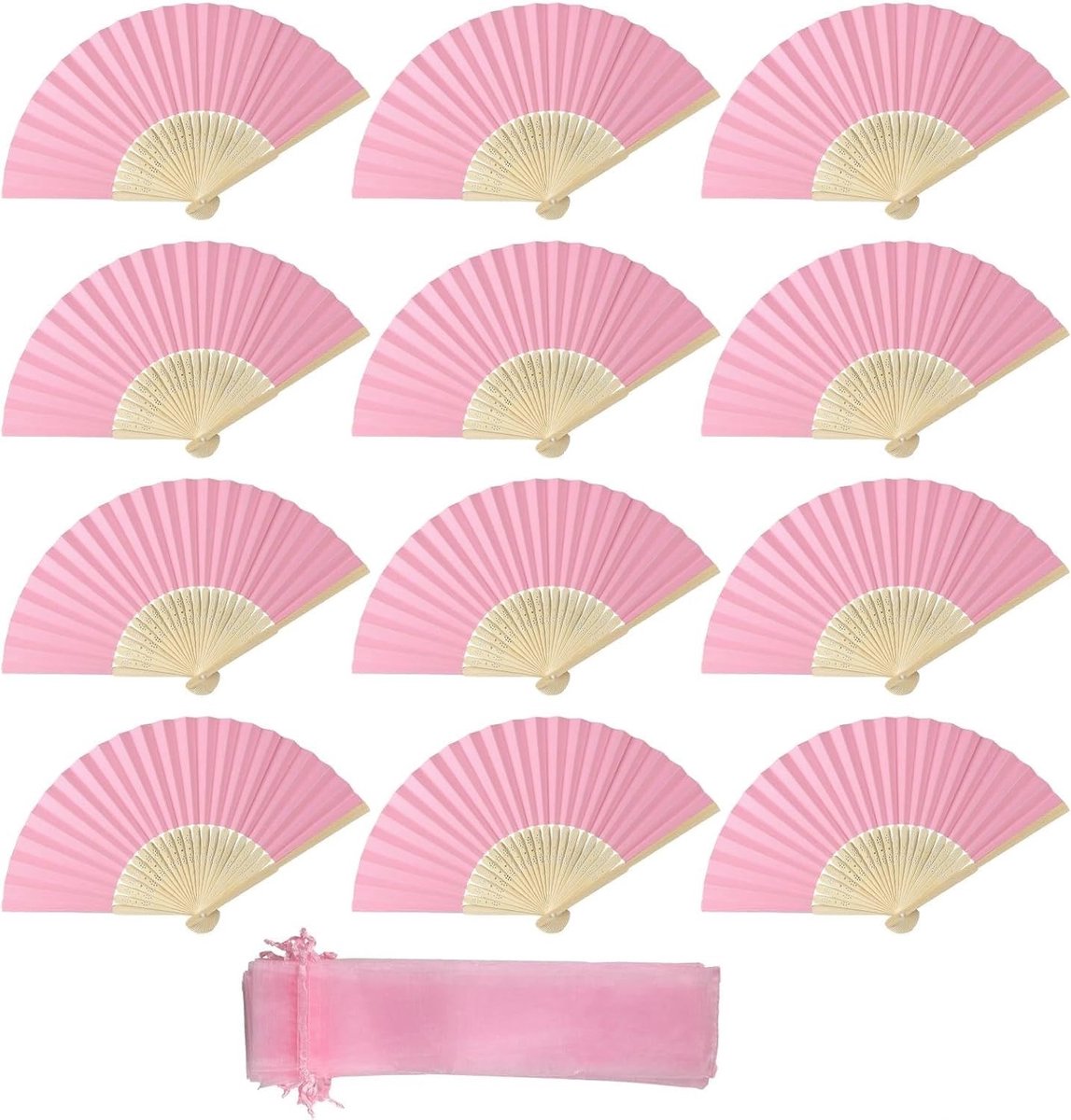 Set van 12 Vouwbare Roze Handventilators met Organza Tas - Betaalbare Bruiloft Ventilator voor Ceremonies en Feesten
