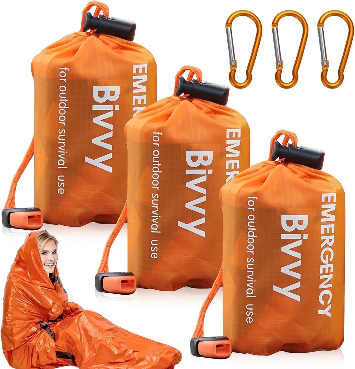 Set van 3 Noodslaapzakken - Oranje - 210 x 90 cm - Waterdicht en Ultralicht - Voor Outdoor Avonturen