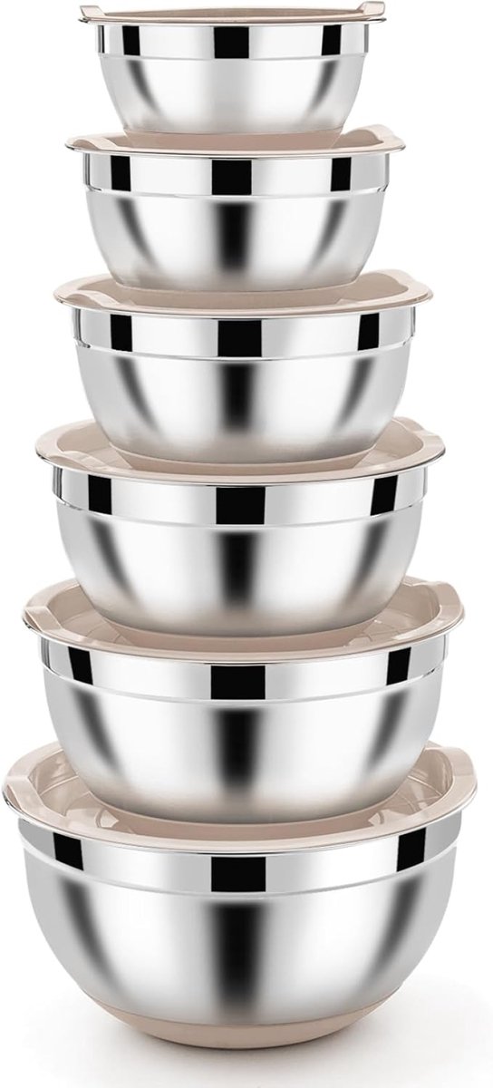 Roerschaalset 6-delig - RVS Slakommen met Luchtdichte Deksels en Siliconen Bodem - Stapelbaar - 4,6L, 2,8L, 2,5L, 1,6L, 1,2L, 0,7L