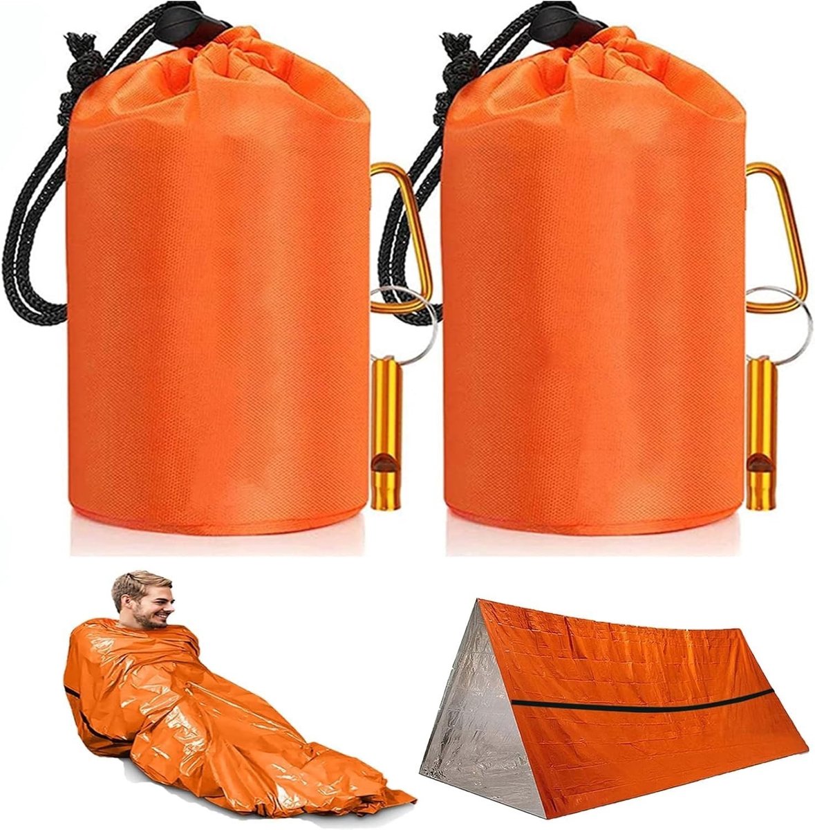 Nooddeken Set - Oranje - 190 x 91 cm - Waterdichte Survival Slaapzakken met Fluitje - Voor Kamperen en Outdoor Activiteiten
