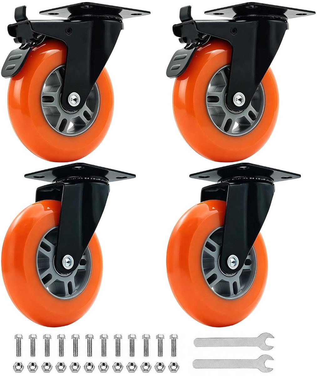 Zwenkwielen PU 100 mm 480 kg 2 met rem en 2 zonder rem voor meubels - ShopVlot