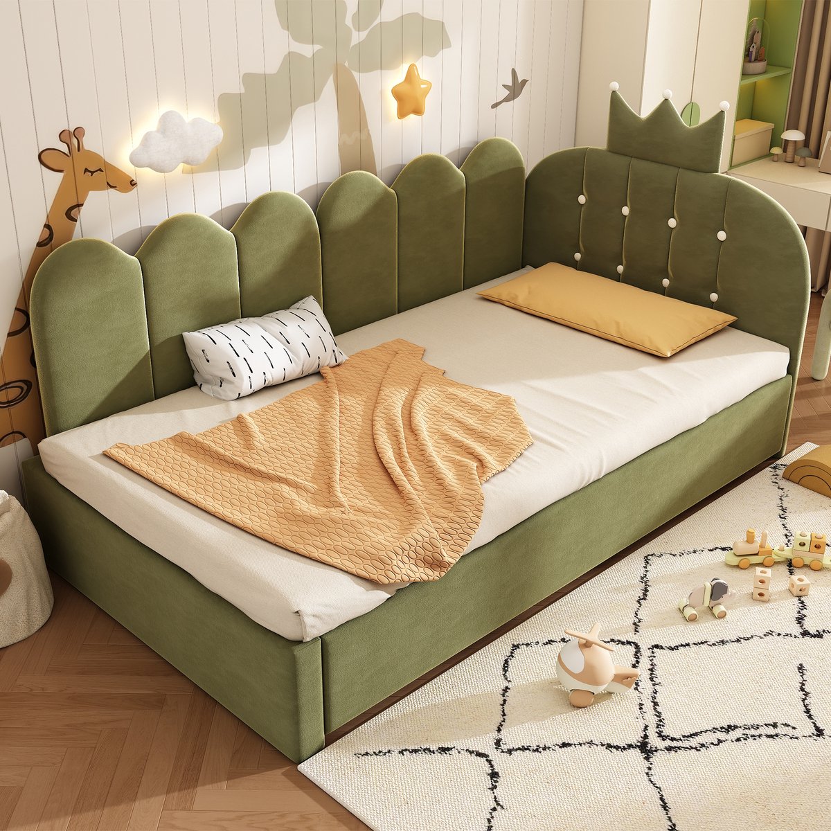 Wishdor Bedbank 90x200 cm - Met uitziehbed en kroonvormig hoofdeinde - Groen fluweel en metaal - Kindvriendelijk - Inclusief bedlade voor extra slaapplaats