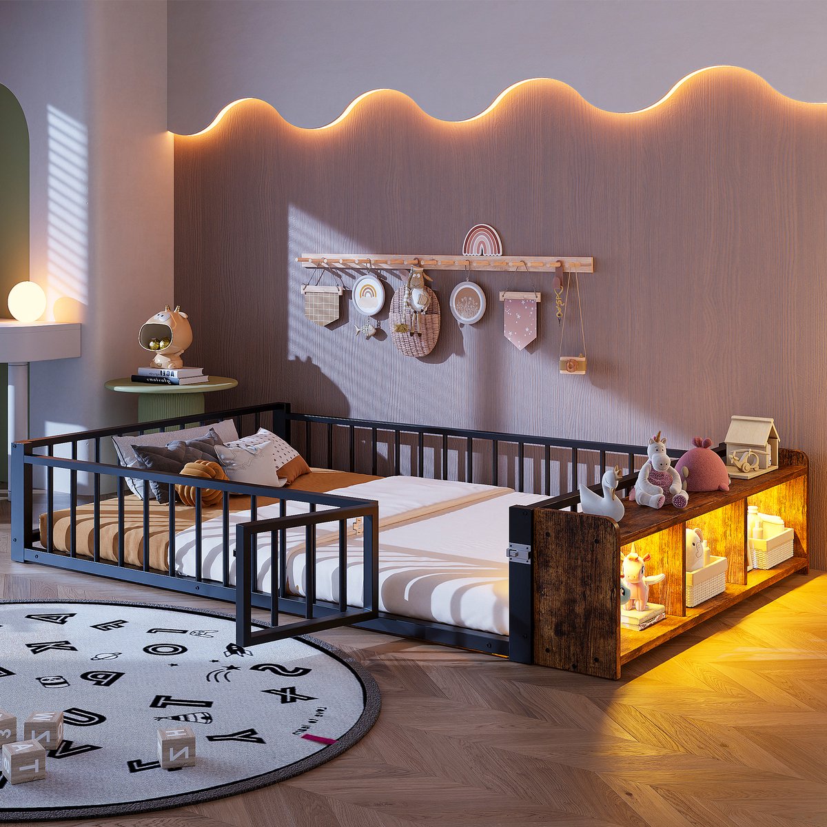 Wishdor Metalen bed 140x200 cm - Kinderbed met uitvalbeveiliging, opbergruimte en ledverlichting - Minimalistisch ontwerp - Zwart - MDF en metaal - Zonder matras