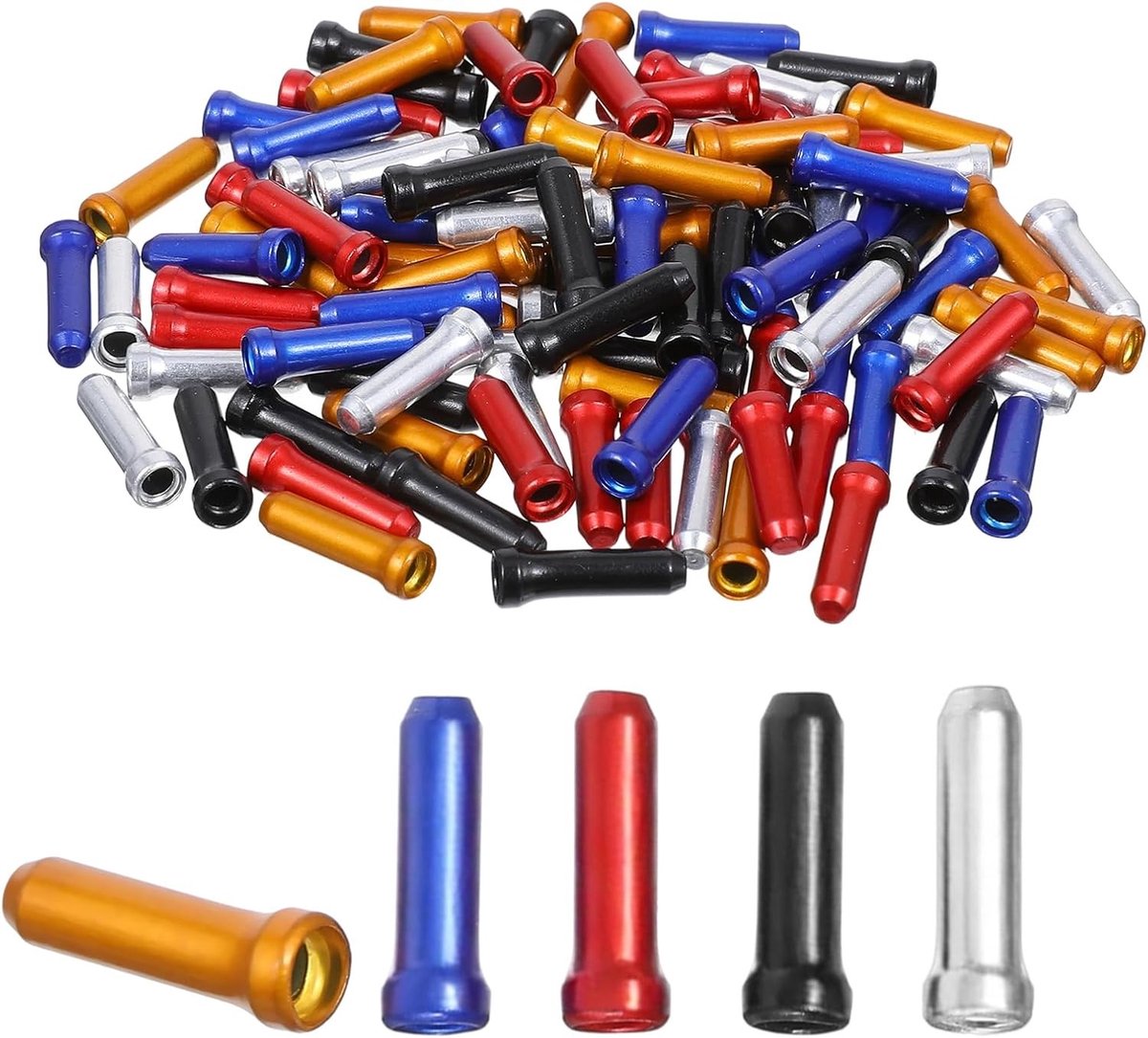100 Stuks Fiets Kabel Eindkappen - Crimping Caps voor Rem- en Versnellingskabels in Blauw, Rood, Goud, Zilver en Zwart voor Race- en Mountainbikes