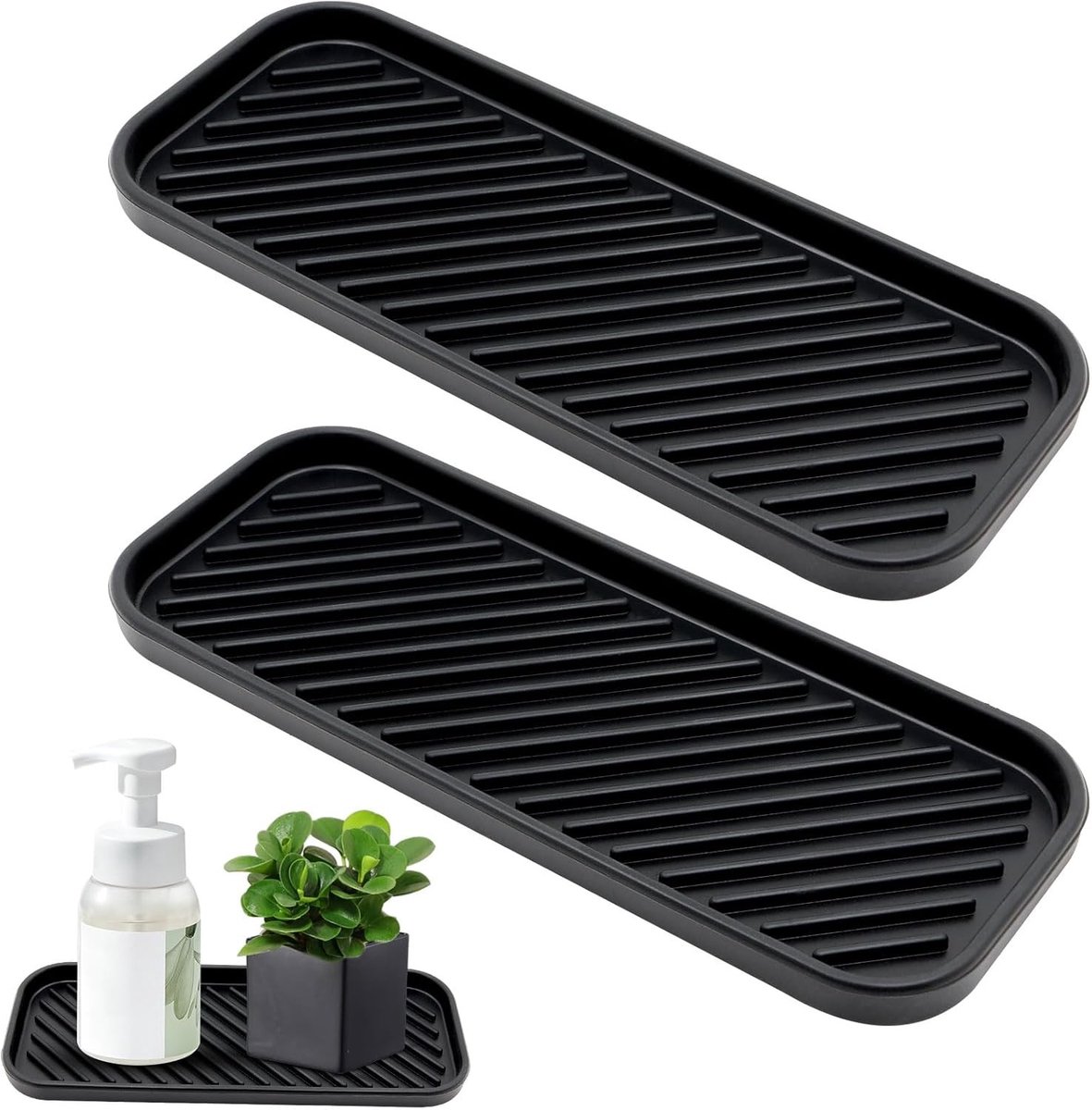 Siliconen Organizers voor de Keuken, 2 Stuks Drainer Mat en Spons Houder voor Afwasborstels, Zeep en Vaatwasmiddel (Zwart, 23 * 9 * 1.2cm)