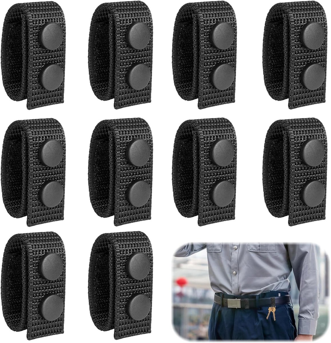 Set van 10 Tactische Riemlussen, Dubbele Klik Ontwerp, Carabiner Accessoires voor Politie, Camping en Wandelen, Zwart, 7.5"x1