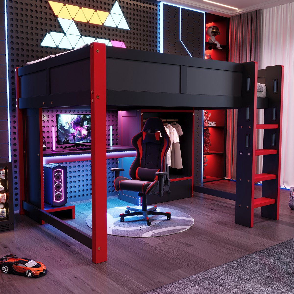 Wishdor Hoogslaper 140x200 cm - Gaming bed met bureau en opbergruimte - LED-verlichting - Met ladder en uitvalbeveiliging - Zwart en rood - Hout en MDF