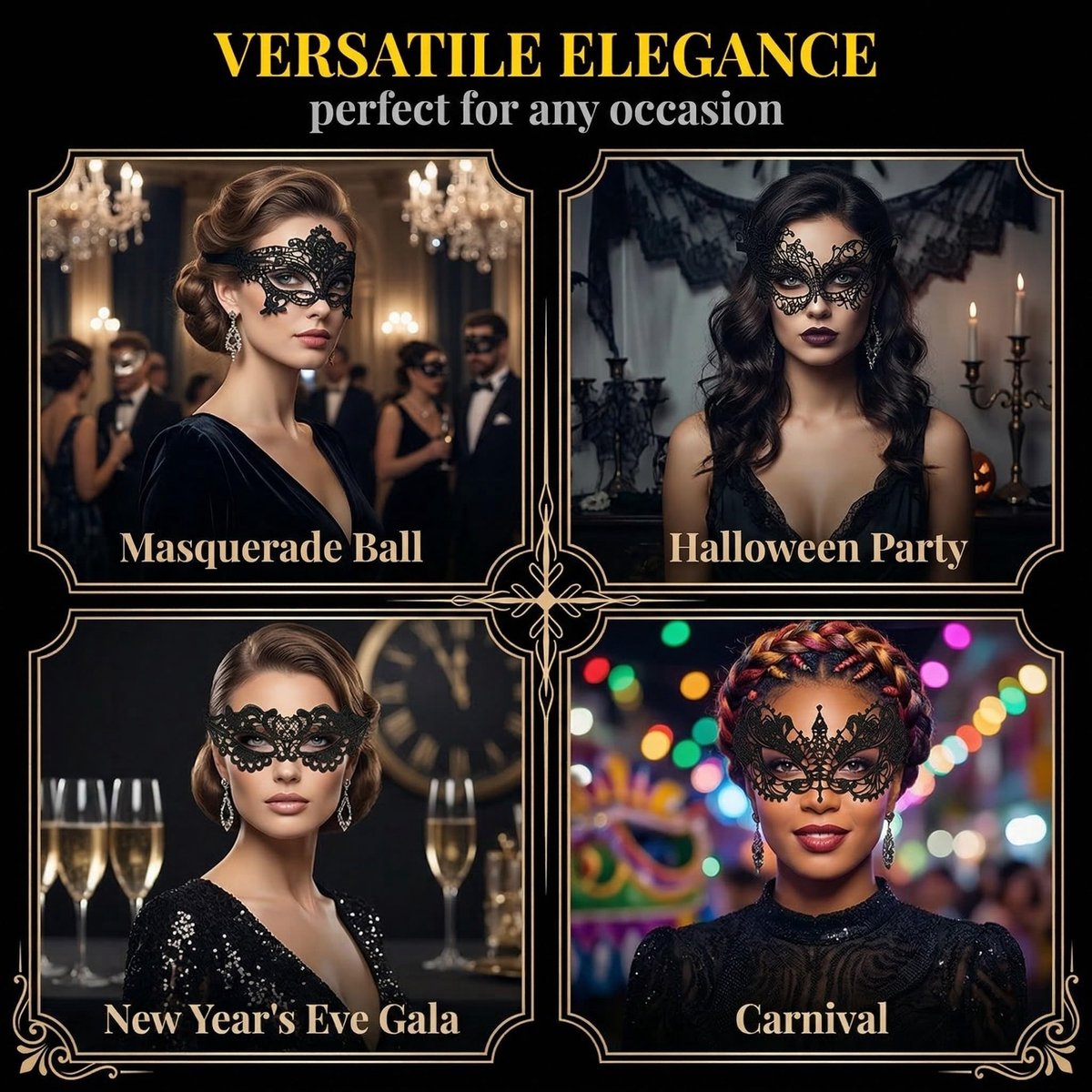 Kanten masker 4 stuks - zwart sexy oogmasker - voor Halloween en carnaval - elegante accessoire - ShopVlot