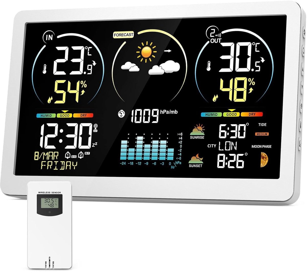 Draadloos Weerstation - Zwart - 7,8 inch - Digitale Thermometer met Sensor voor Binnen en Buiten