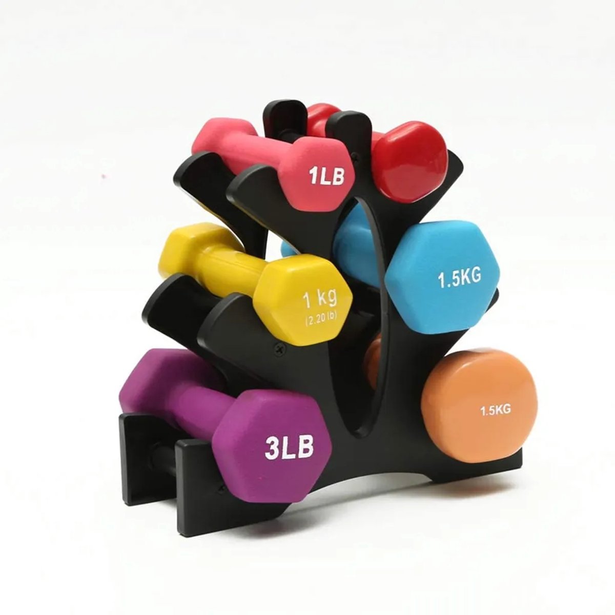 Hexagonale halterset, inclusief halterrek, matte afwerking, neopreen coating, krachttraining, thuis, sportschool.