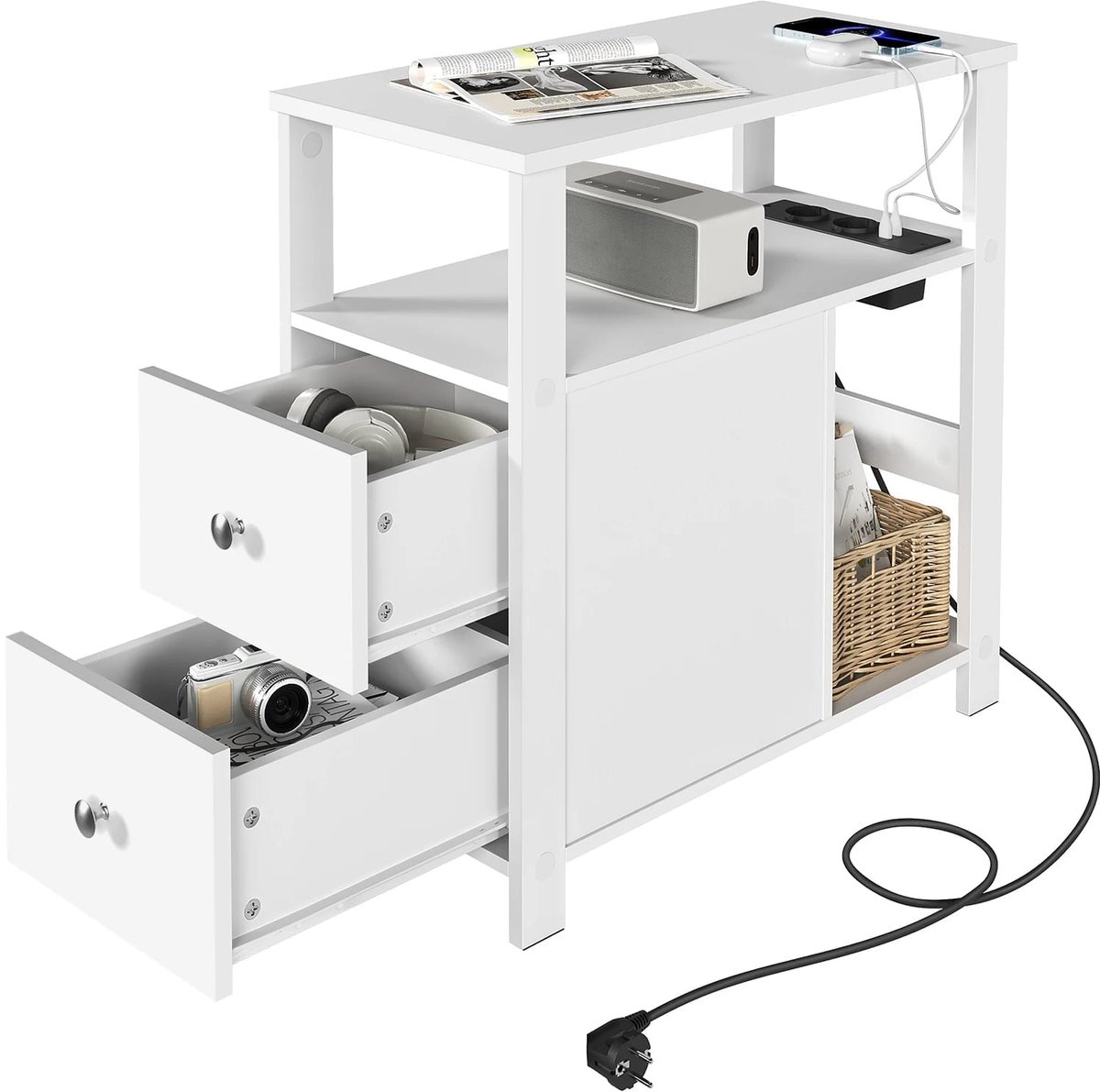 Sidetable met laden en oplaadstation Wit - Modern design, 2 laden - B 46 x D 35 x H 82 cm