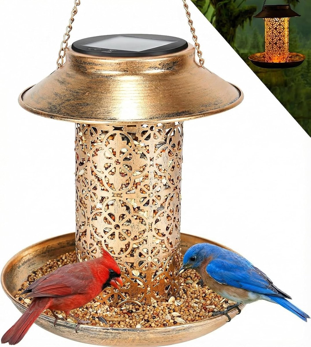 Duurzame metalen vogelvoeder op zonne-energie, ophangstation, wilde vogelvoeder met LED-licht op zonne-energie, eekhoornbestendige vogelvoeder voor balkondecoratie en