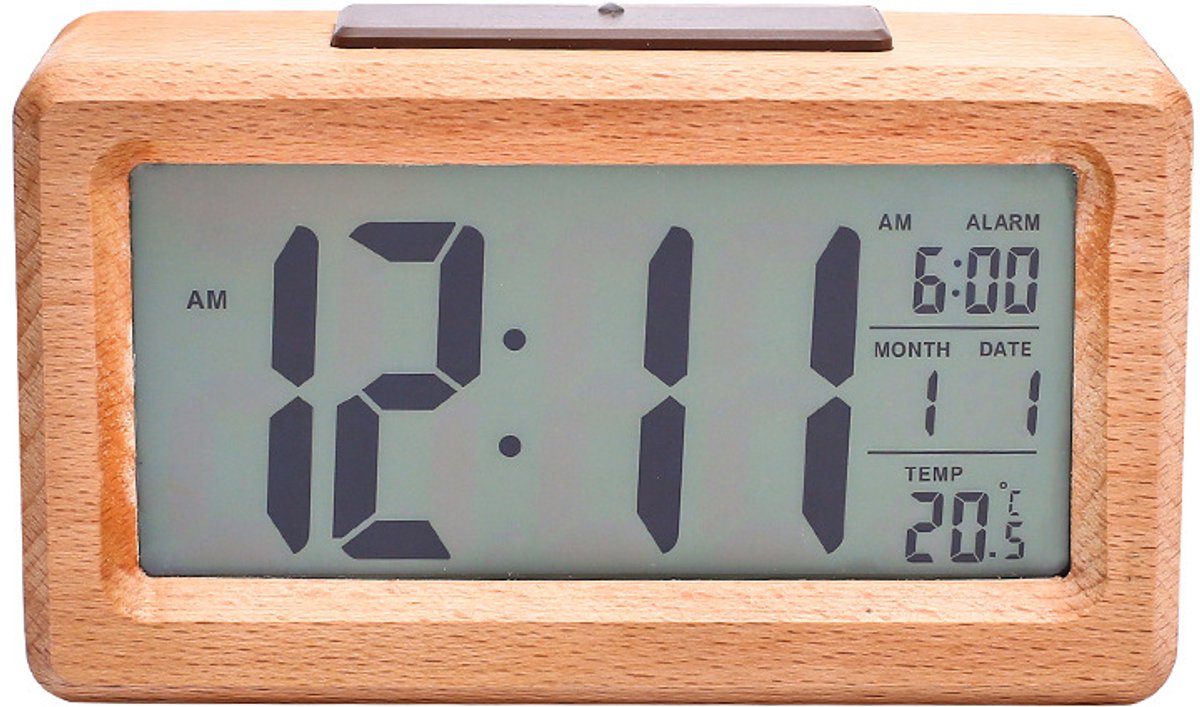Houten digitale wekker, LCD-scherm zonder tikgeluid, met datum- en temperatuurweergave, snooze-functie, digitale klok voor slaapkamer, nachtkastje, thuis of op kantoor.