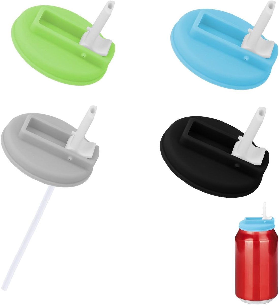 Set van 4 Herbruikbare Siliconen Deksels voor Blikjes met Rietjes - Geschikt voor Frisdrank, Bier en Sap (Zwart, Blauw, Groen, Grijs)