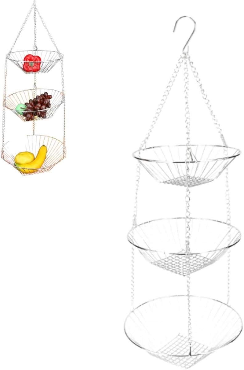 3-laags roestvrijstalen hangende fruitmand voor het organiseren van groenten en fruit, muurmand voor opslag en decoratie