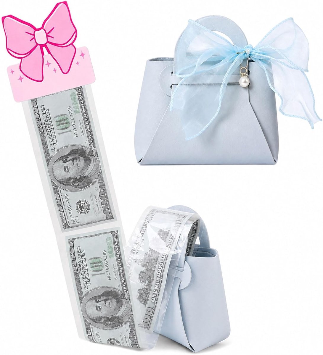 Geldtrekdoos voor Contant Geld - Blauw - Mini-lederen Tas met Linten - Voor Verjaardagsfeest en Kerstmis