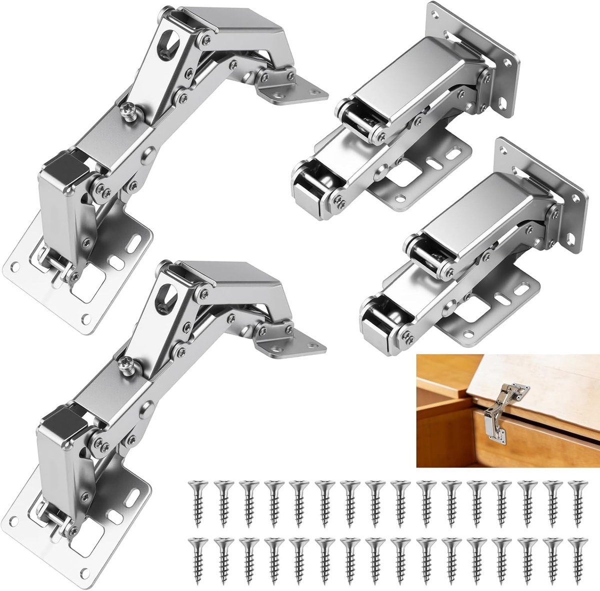 Set van 4 verborgen scharnieren 145 x 52 mm met schroeven, 170° voor keukendeuren en meubels