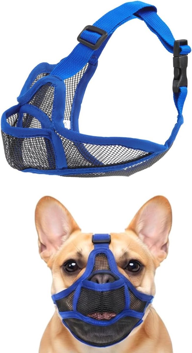 Verstelbare muilkorf voor honden van ademend mesh, voorkomt bijten en inslikken, comfortabel voor kleine, middelgrote en grote honden.